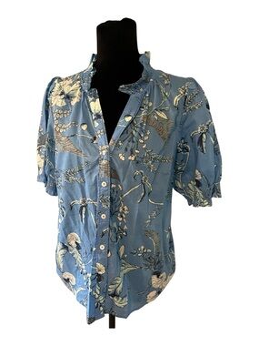 Talbots Blue Floral Ruffle-Collar Button Blouse